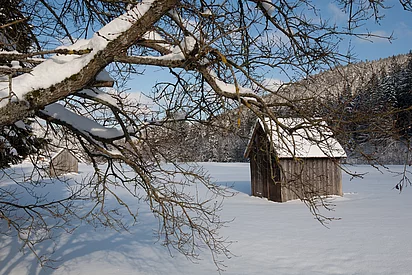 Hütte in der Winterlandschaft beim Enztalhotel im Schwarzwald im Enzklösterle