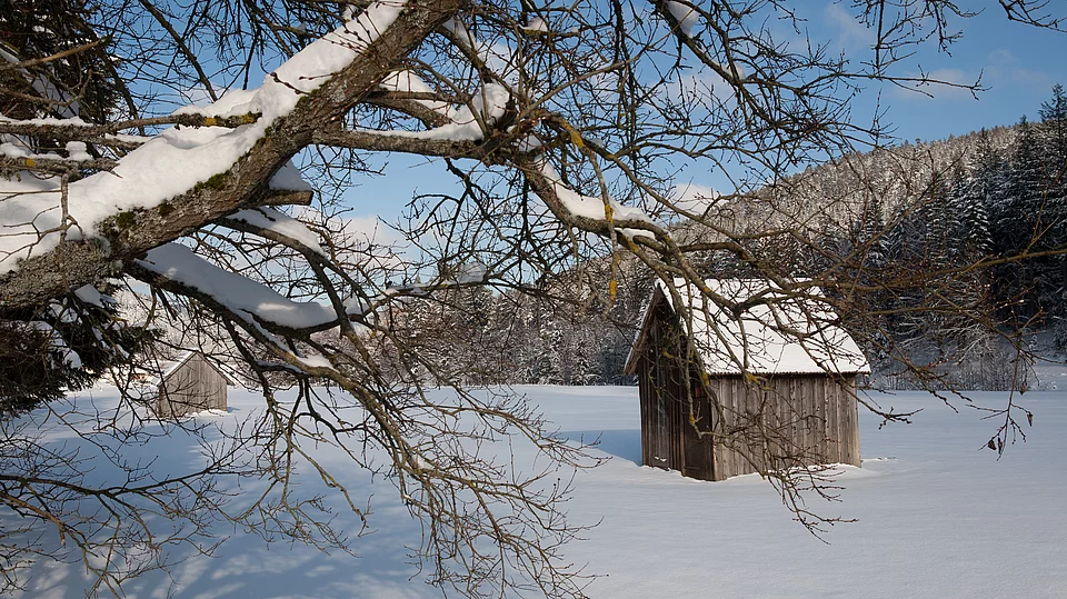 Hütte in der Winterlandschaft beim Enztalhotel im Schwarzwald im Enzklösterle