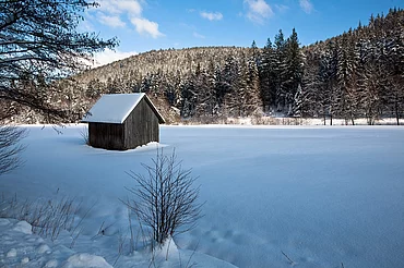 Hütte in der Winterlandschaft beim Enztalhotel im Schwarzwald im Enzklösterle